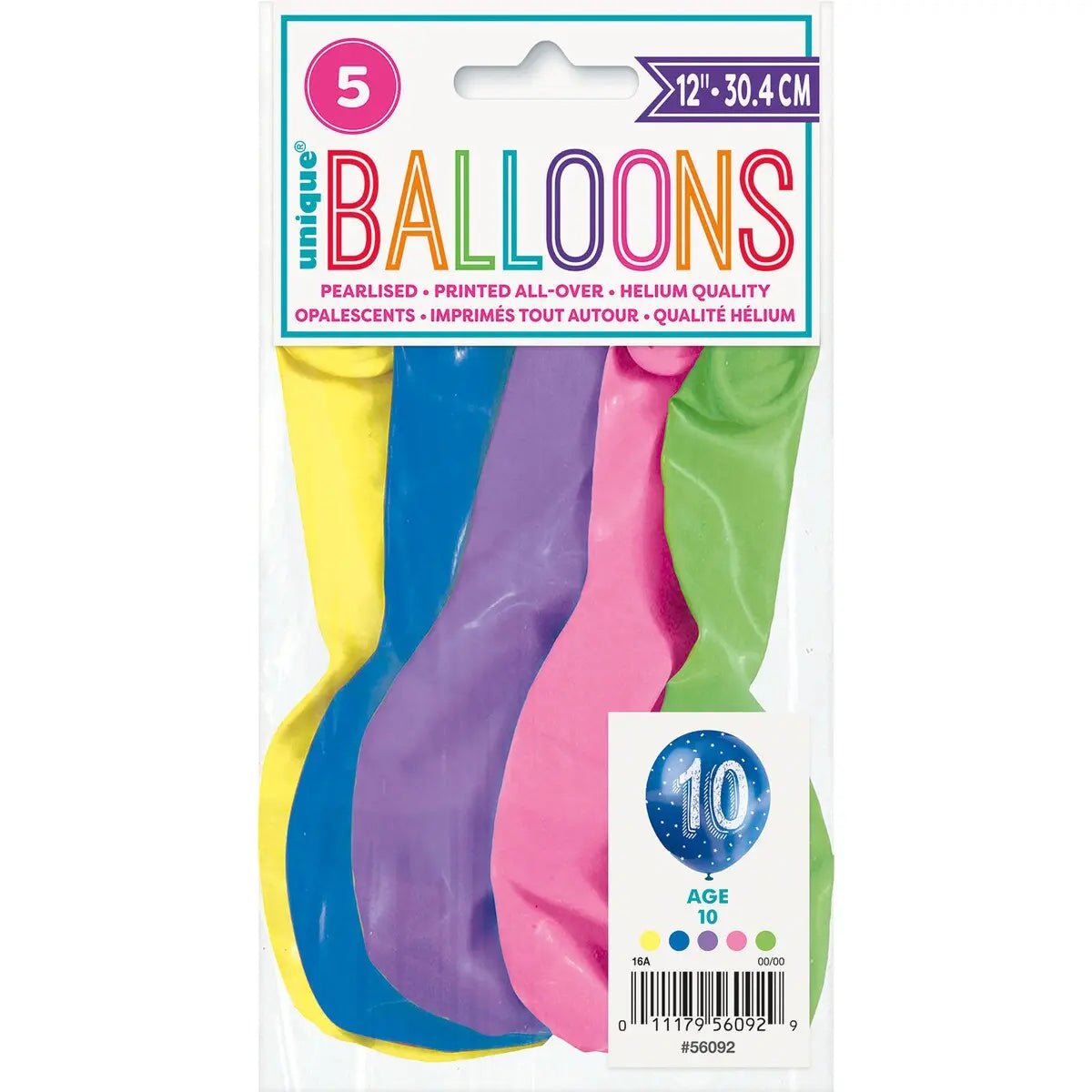 10th Birthday Pearl Latex Balloons 30cm (12") 5pk Assorted Colours - NextParty