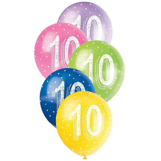 10th Birthday Pearl Latex Balloons 30cm (12") 5pk Assorted Colours - NextParty