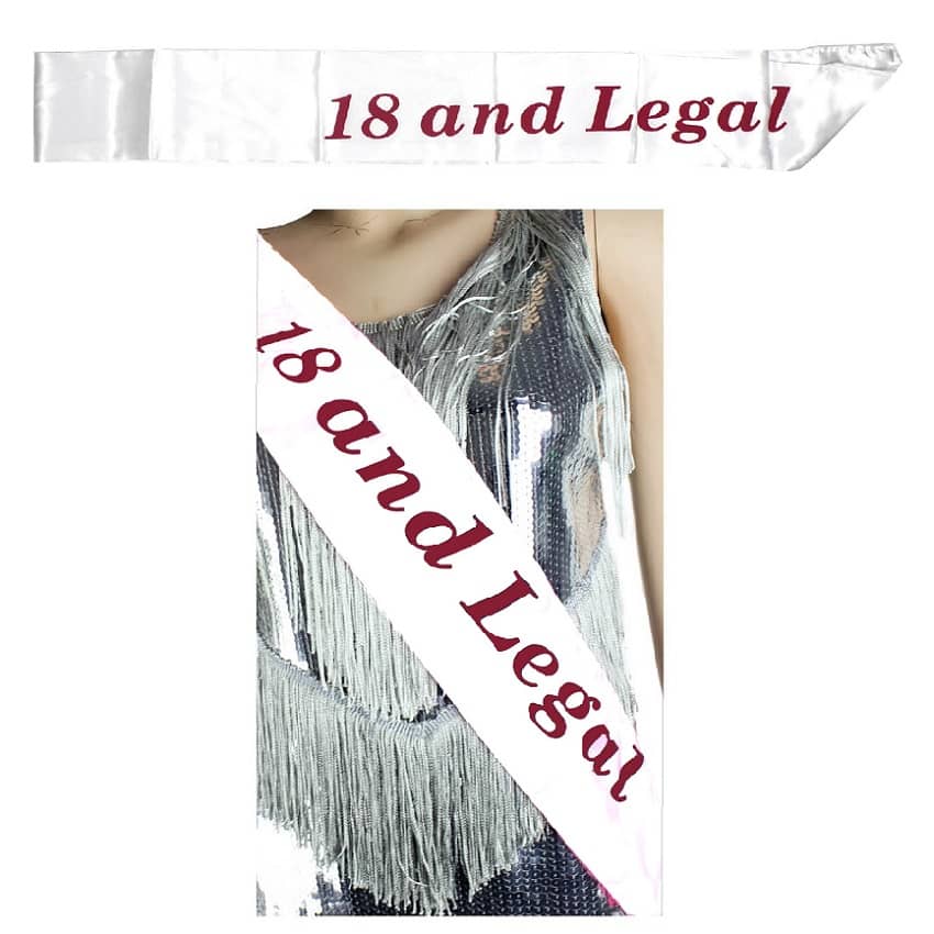 "18 and Legal" 18th Birthday White & Red Satin Sash - NextParty