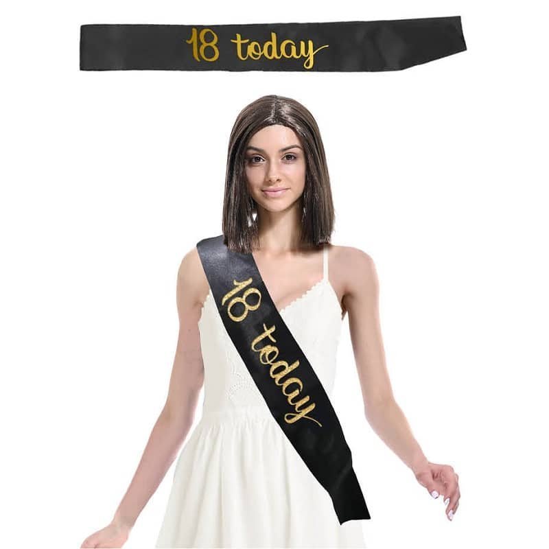 "18 Today" 18th Birthday Black Gold Satin Sash - NextParty