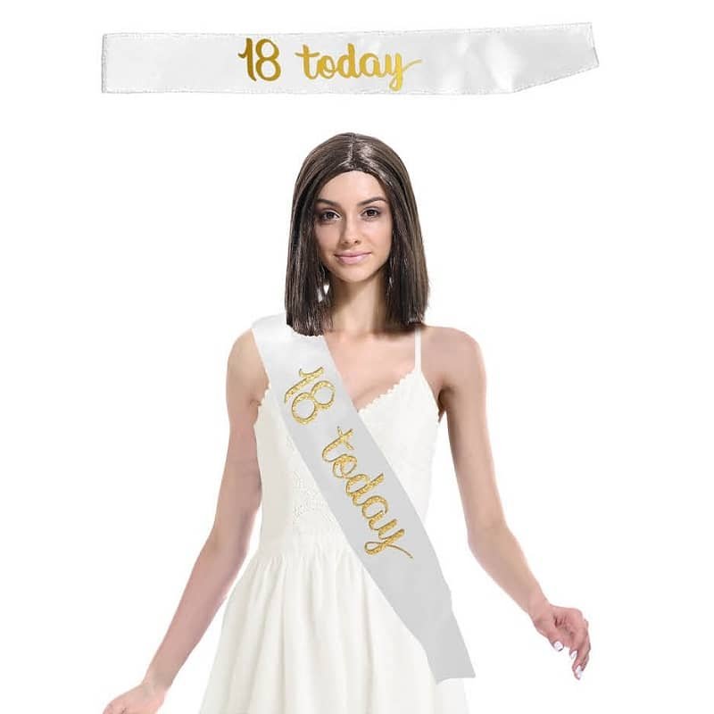 "18 Today" 18th Birthday White Gold Satin Sash - NextParty