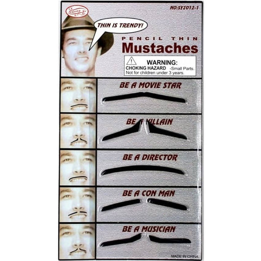 1920's Pencil Thin Black Fake Moustaches Set 5PCS - NextParty