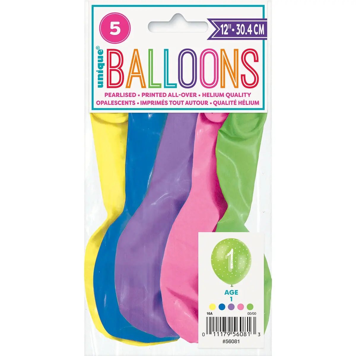 1st Birthday Pearl Latex Balloons 30cm (12") 5pk Assorted Colours - NextParty