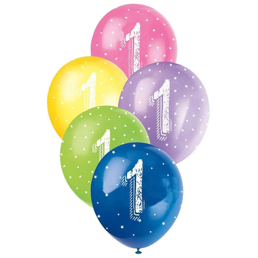 1st Birthday Pearl Latex Balloons 30cm (12") 5pk Assorted Colours - NextParty