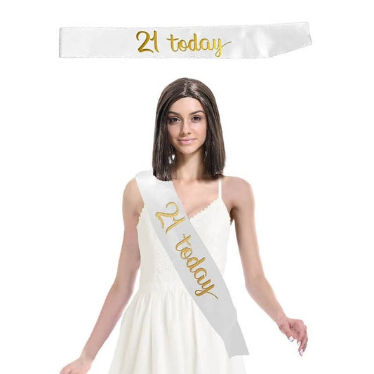 "21 Today" 21st Birthday White Gold Satin Sash - NextParty