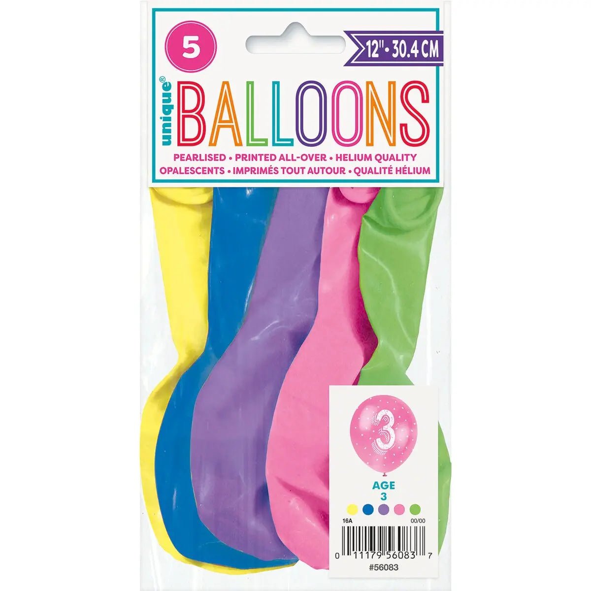 3rd Birthday Pearl Latex Balloons 30cm (12") 5pk Assorted Colours - NextParty