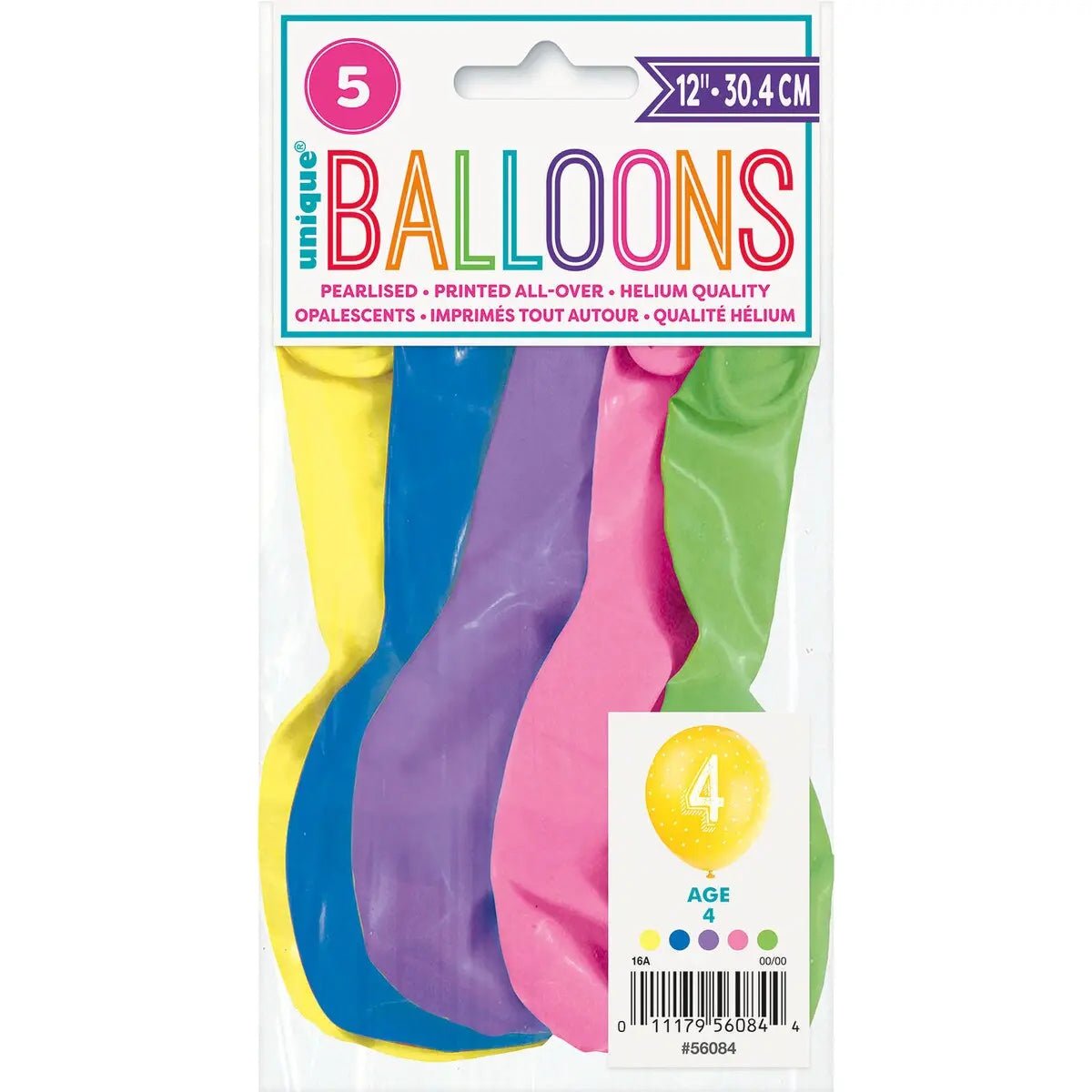 4th Birthday Pearl Latex Balloons 30cm (12") 5pk Assorted Colours - NextParty