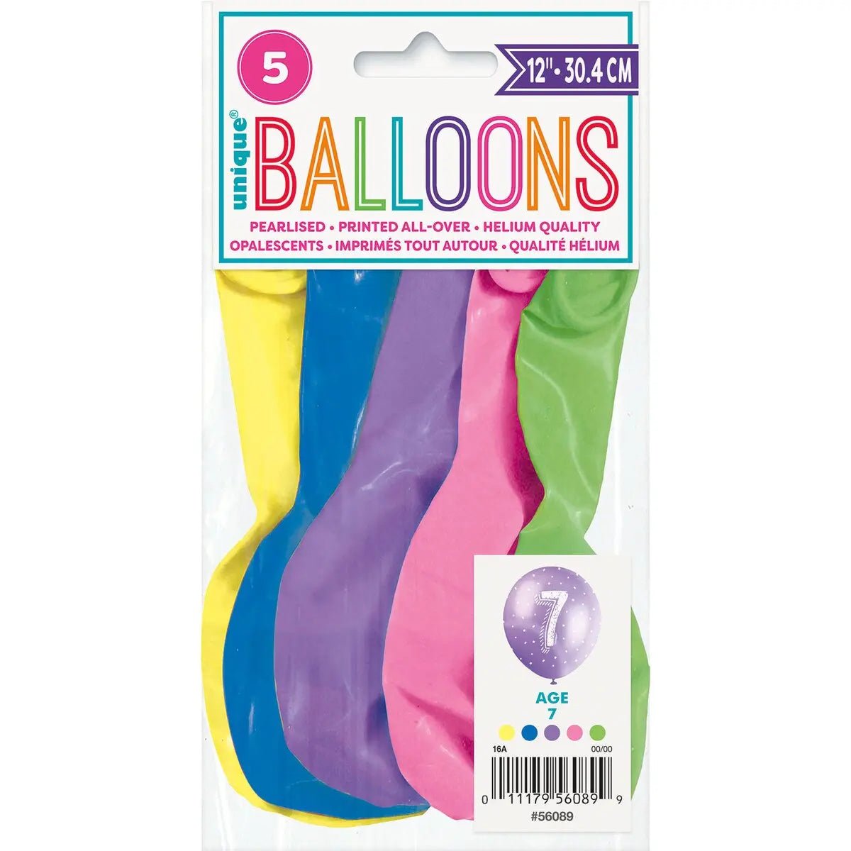 7th Birthday Pearl Latex Balloons 30cm (12") 5pk Assorted Colours - NextParty