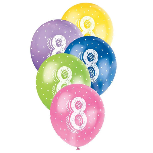 8th Birthday Pearl Latex Balloons 30cm (12") 5pk Assorted Colours - NextParty