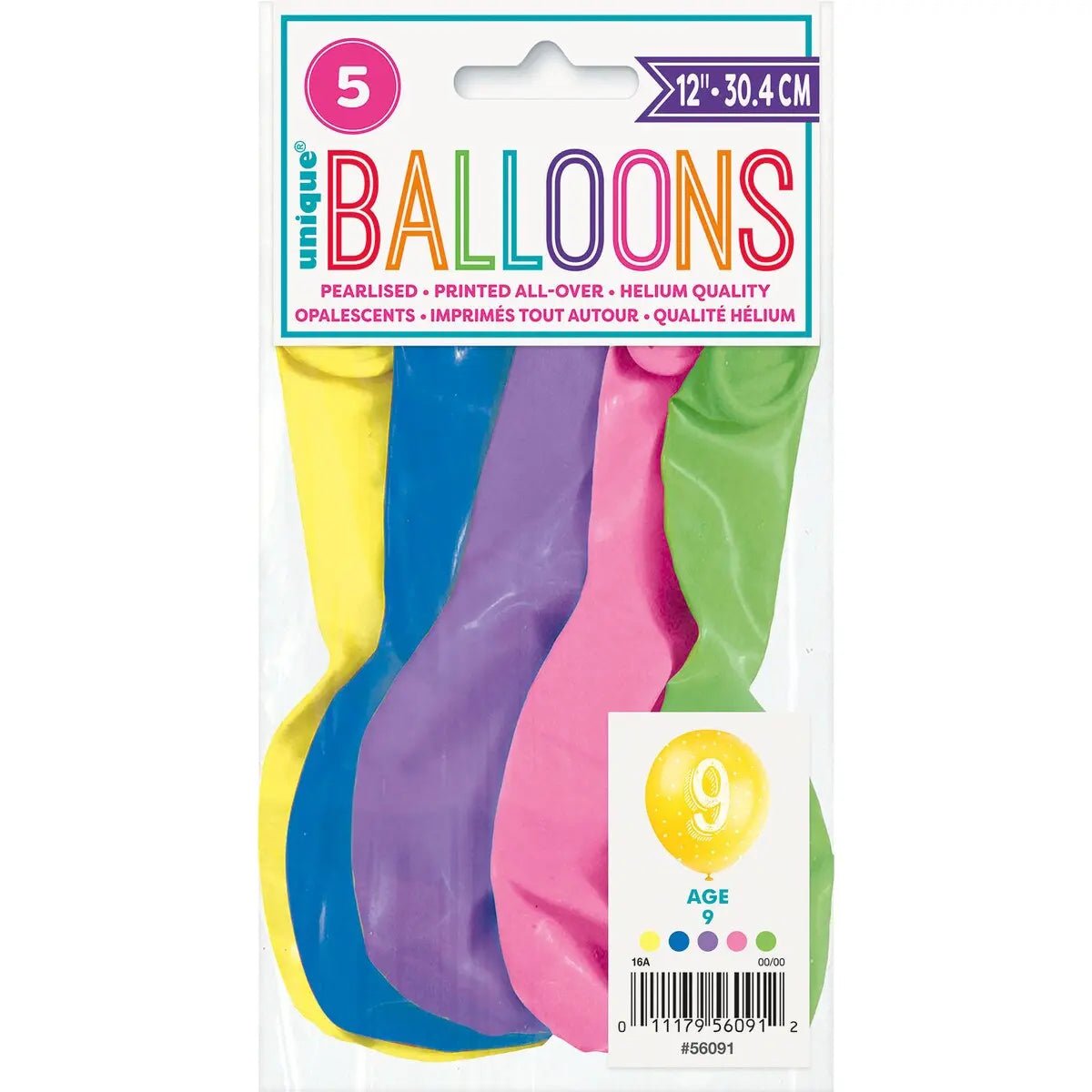 9th Birthday Pearl Latex Balloons 30cm (12") 5pk Assorted Colours - NextParty