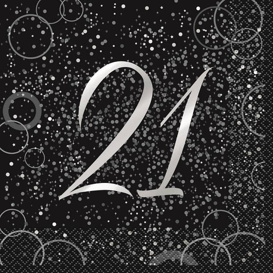 Black And Silver Happy 21th Birthday Lunch Napkins 16pk - NextParty