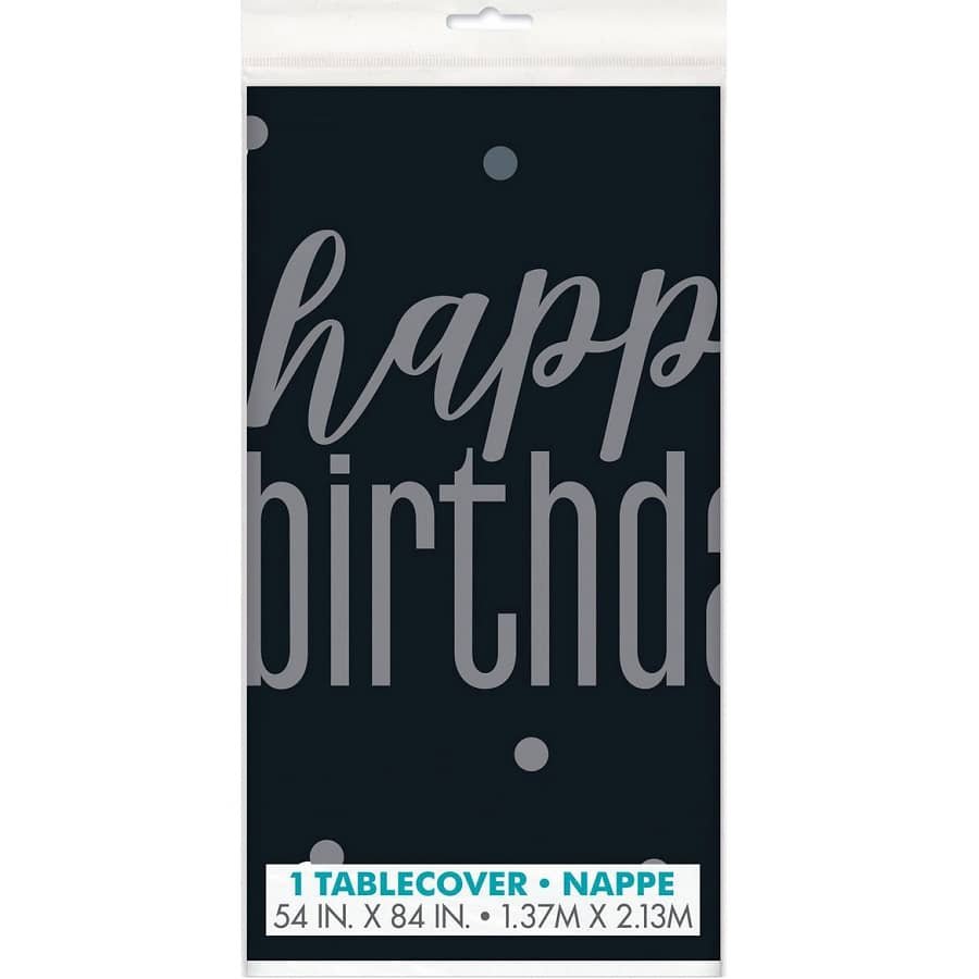 Black And Silver Happy Birthday Plastic Table Cover - NextParty