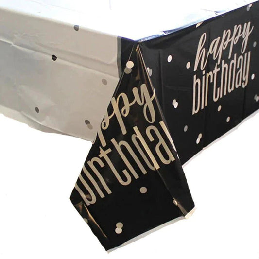 Black And Silver Happy Birthday Plastic Table Cover - NextParty