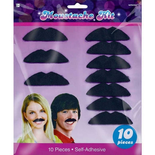 Black Fake Moustaches Set 10pcs 1970's Disco Fever - NextParty