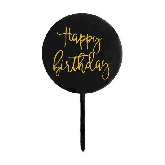 Black & Gold Happy Birthday Round Cake Topper - NextParty