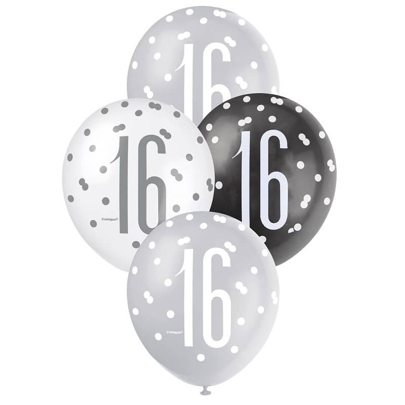 Black Silver White 16th Birthday Latex Balloons 30cm (12") 6pk - NextParty