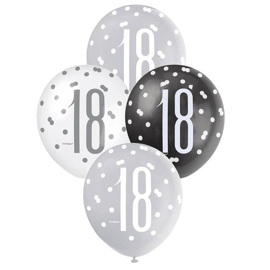 Black Silver White 18th Birthday Latex Balloons 30cm (12") 6pk - NextParty