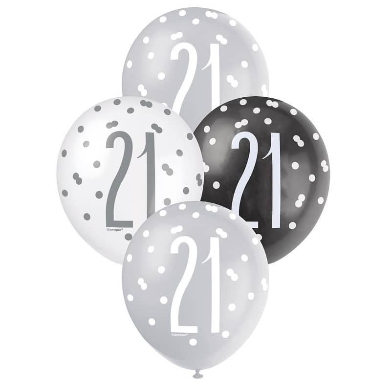 Black Silver White 21st Birthday Latex Balloons 30cm (12") 6pk - NextParty