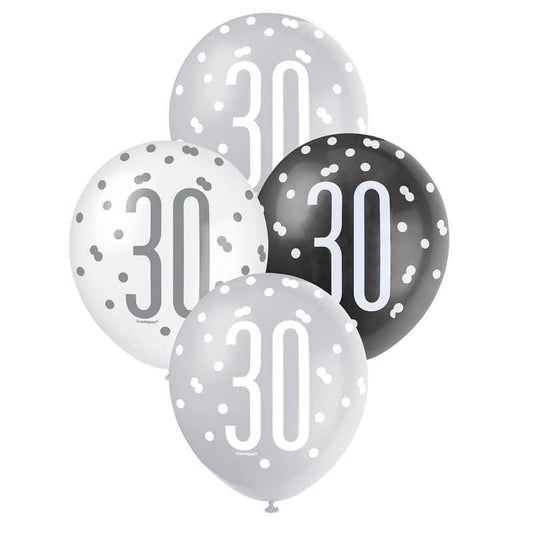 Black Silver White 30th Birthday Latex Balloons 30cm (12") 6pk - NextParty