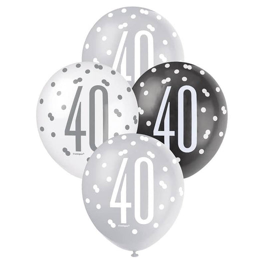 Black Silver White 40th Birthday Latex Balloons 30cm (12") 6pk - NextParty