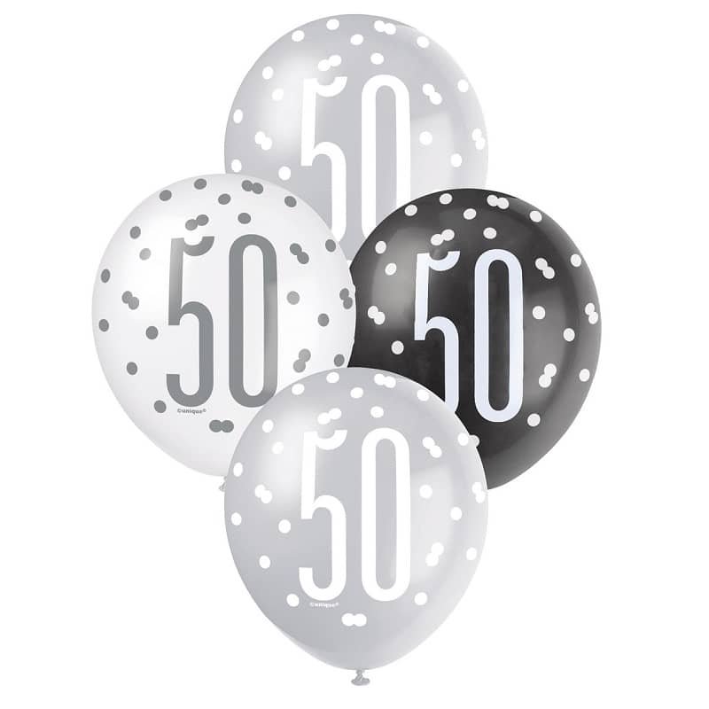 Black Silver White 50th Birthday Latex Balloons 30cm (12") 6pk - NextParty