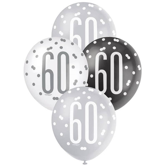 Black Silver White 60th Birthday Latex Balloons 30cm (12") 6pk - NextParty