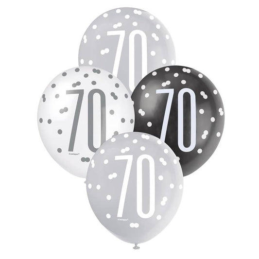 Black Silver White 70th Birthday Latex Balloons 30cm (12") 6pk - NextParty