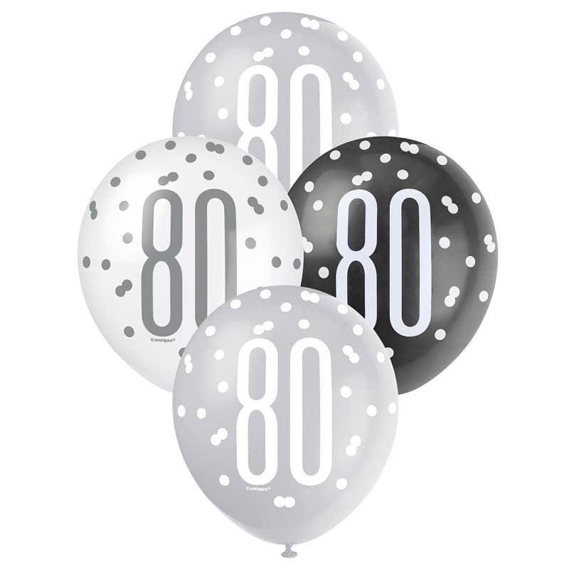 Black Silver White 80th Birthday Latex Balloons 30cm (12") 6pk - NextParty