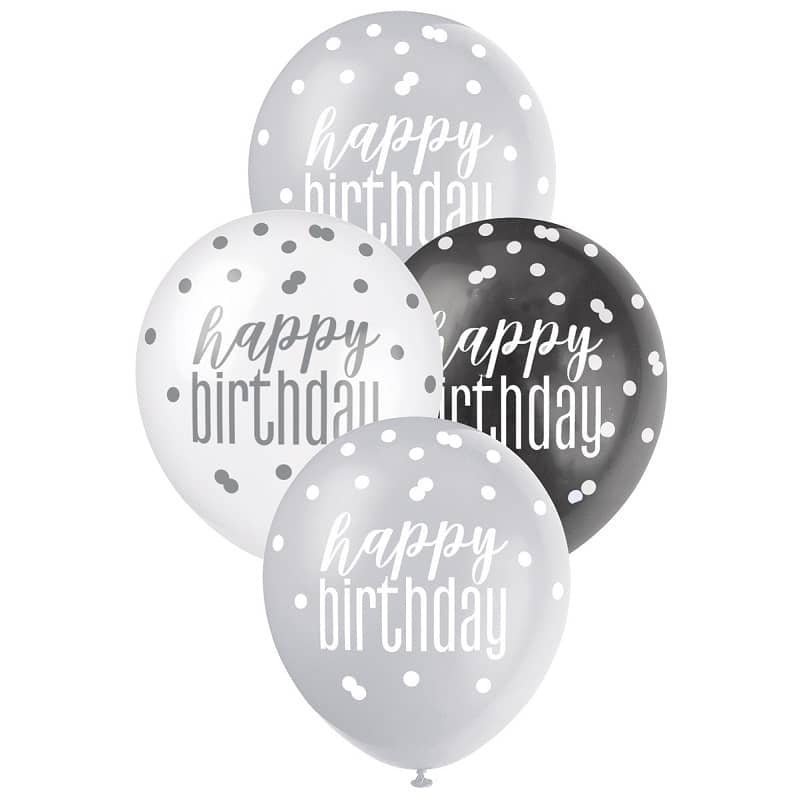 Black Silver White Happy Birthday Latex Balloons 30cm (12") 6pk - NextParty