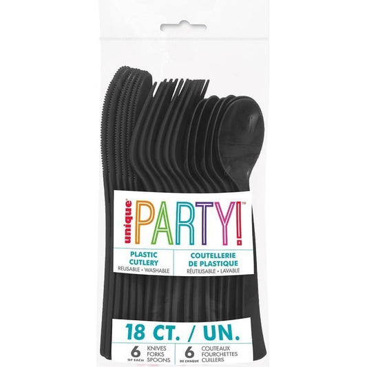 Black Solid Colour Plastic Assorted Cutlery 18pk Reusable - NextParty