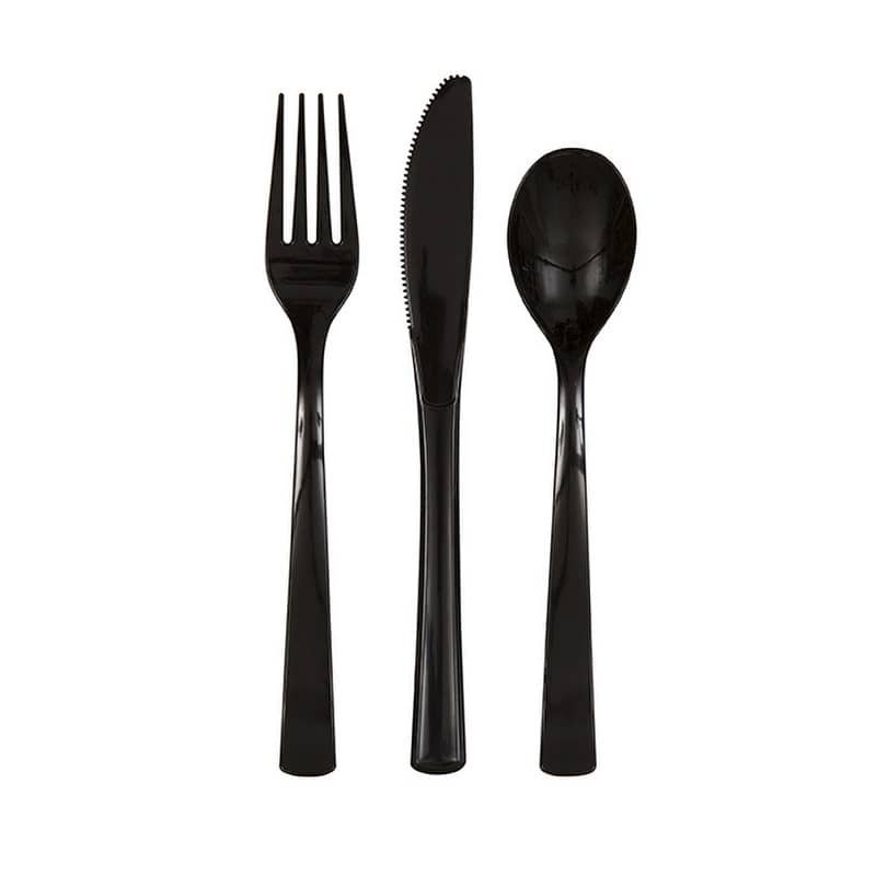 Black Solid Colour Plastic Assorted Cutlery 18pk Reusable - NextParty