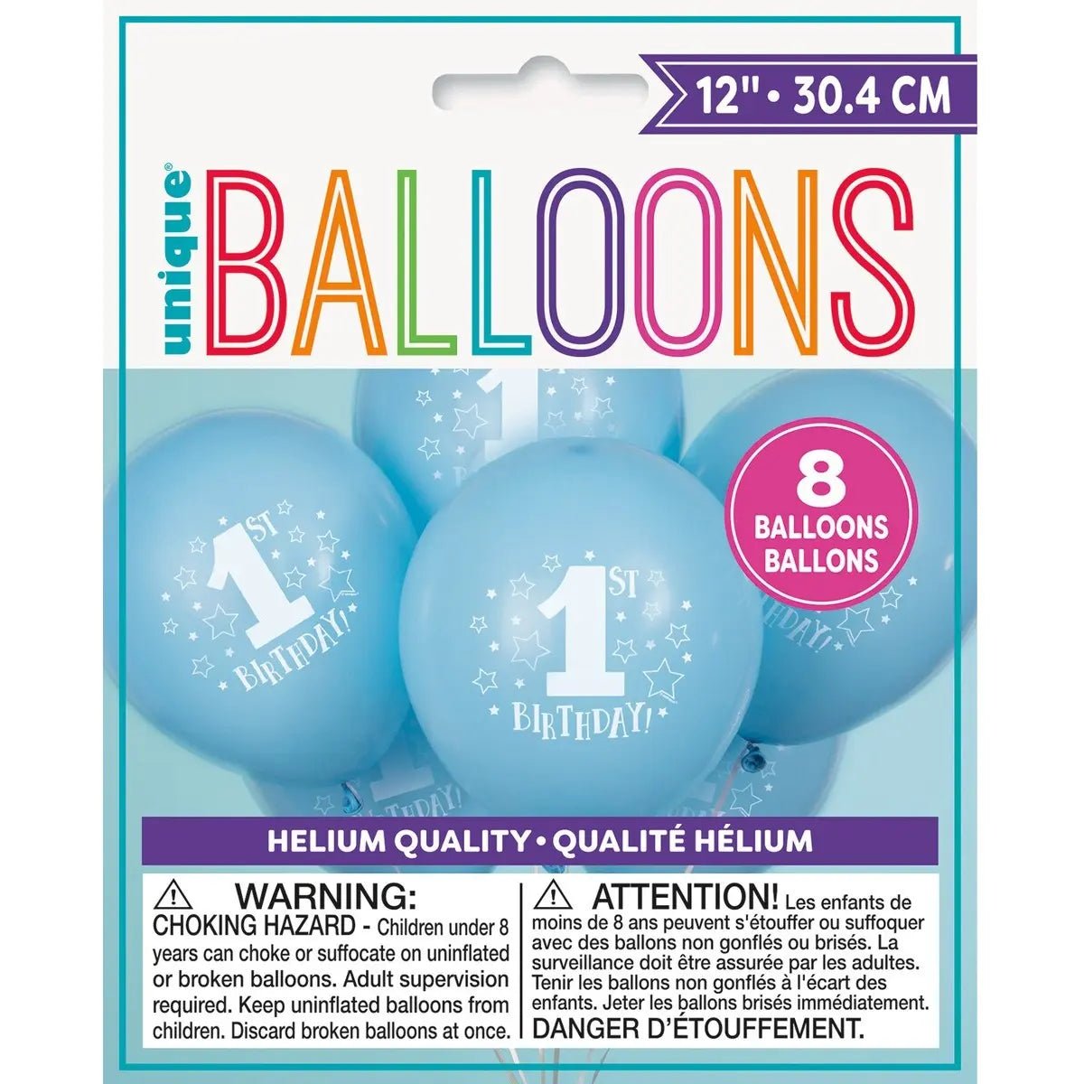 Blue 1st Birthday Stars Latex Balloons 30cm (12") 8pk - NextParty