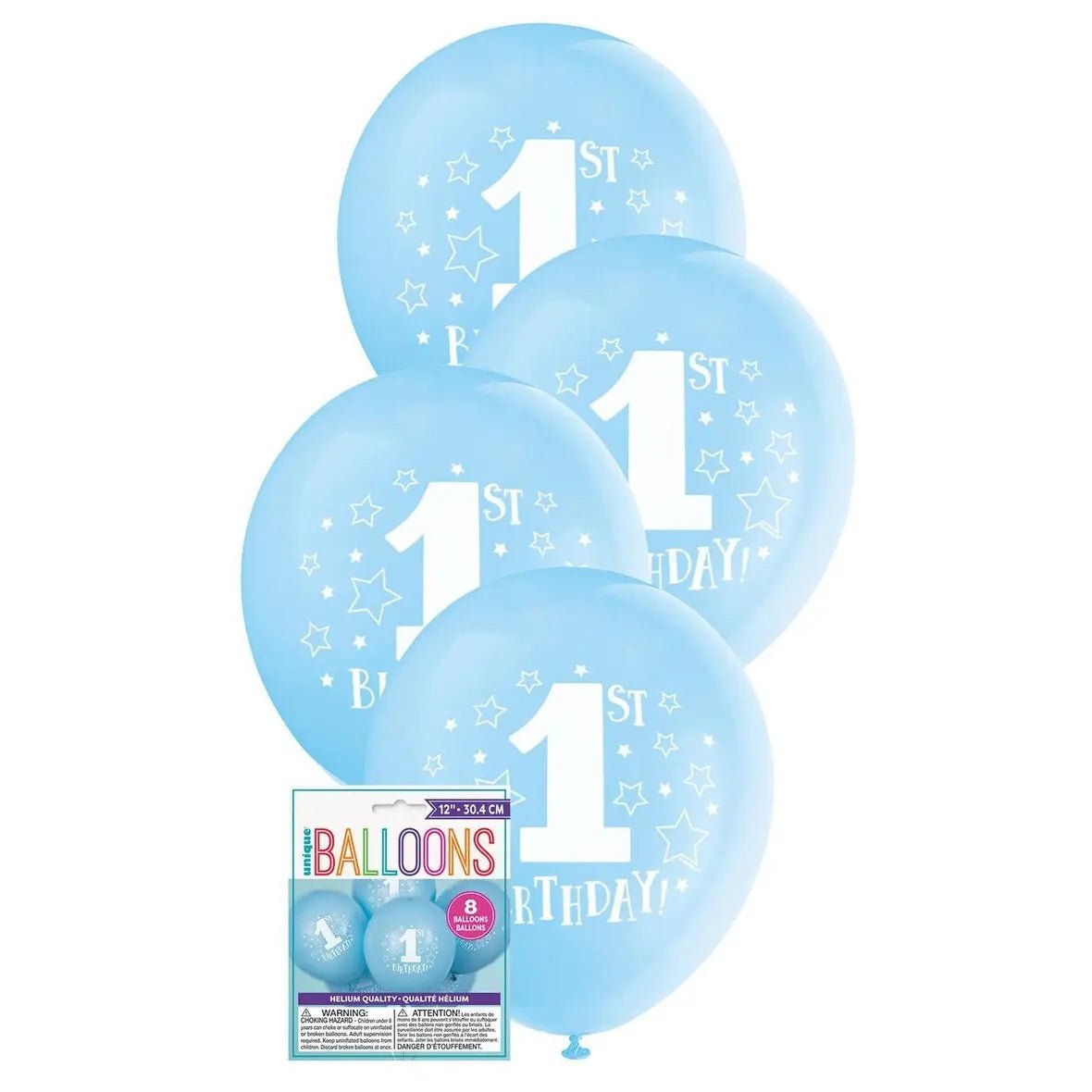 Blue 1st Birthday Stars Latex Balloons 30cm (12") 8pk - NextParty