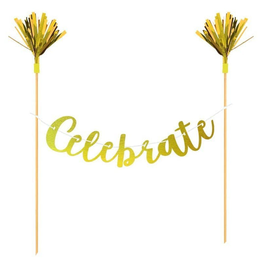 Cake Topper Gold Celebrate Cake Pick - NextParty