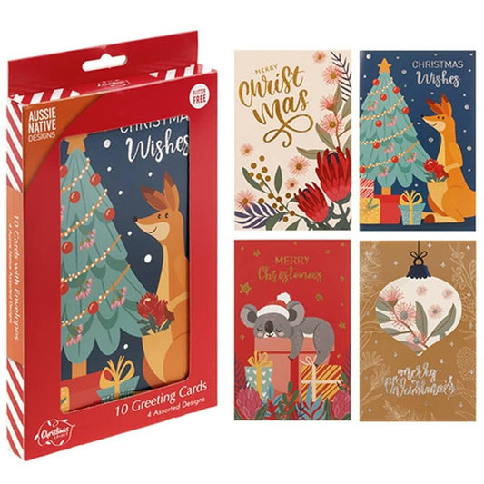 Christmas Cards 10pk (115 x 177mm) w/Envelopes Textured Foil Cute Kangaroo Koala - NextParty