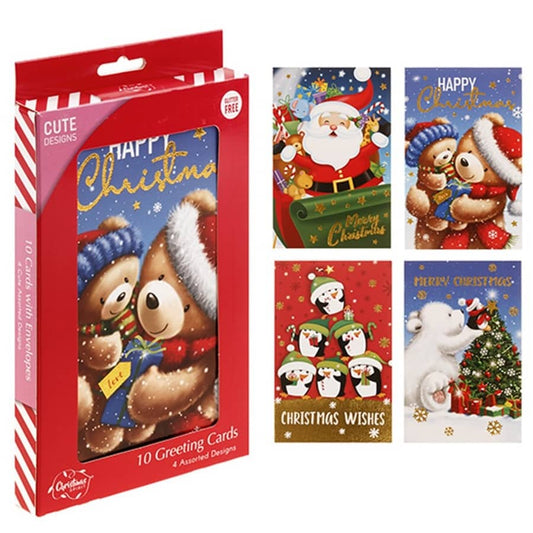 Christmas Cards 10pk (115 x 177mm) w/Envelopes Textured Foil Cute Santa Bears Penguins - NextParty