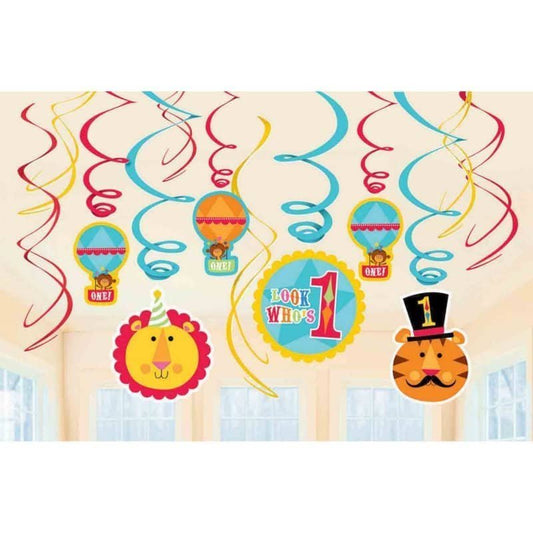 Circus Boy 1st Birthday Party Hanging Swirls Decorations Pack - NextParty