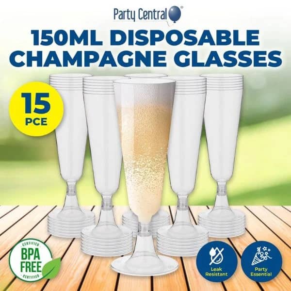 Clear Plastic Champagne Glasses 150ml 15pk Drinkware - NextParty