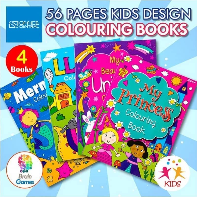 Colouring Books 4pk 56PG Princess Mermaid Unicorn Llama - NextParty