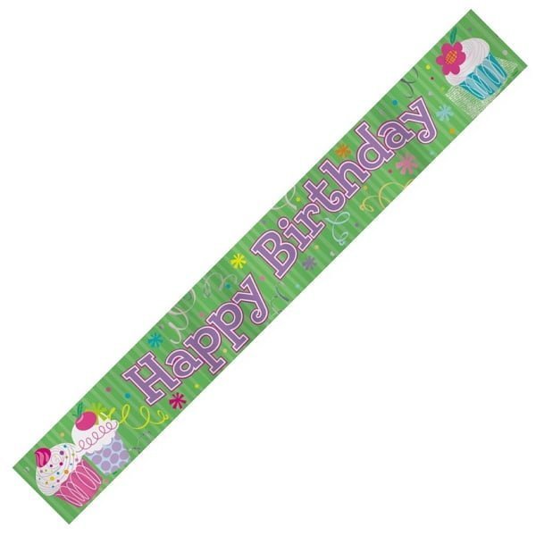 Cupcake Green Pink Happy Birthday Foil Banner 3.6m (12') - NextParty