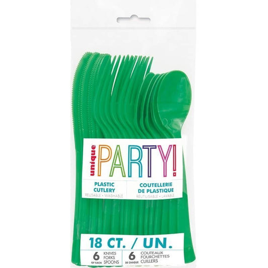 Emerald Green Solid Colour Plastic Assorted Cutlery 18pk Reusable - NextParty