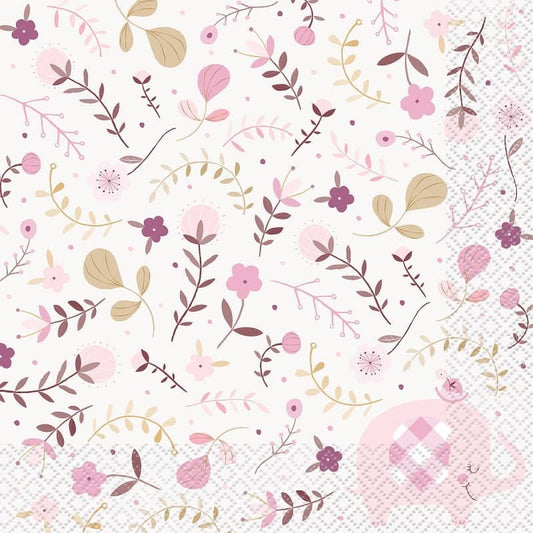 Floral Elephants Baby Shower Pink Lunch Napkins 16pk Serviettes - NextParty