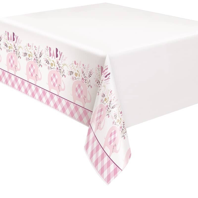 Floral Elephants Baby Shower Pink Table Cover Tablecloth 137cm x 213cm (54" x 84") - NextParty