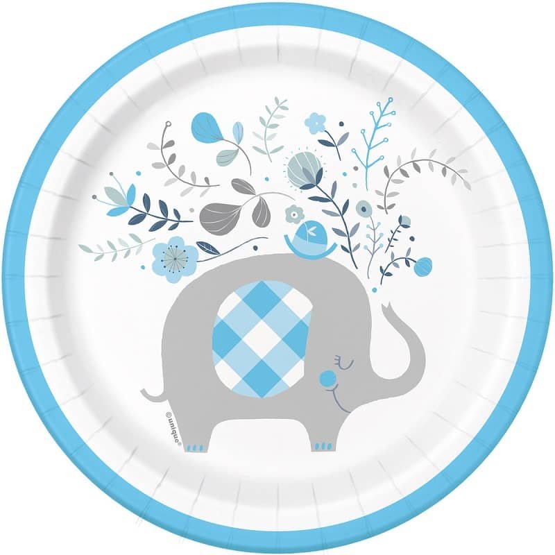 Floral Elephants Blue Small Paper Plates 18cm (7") 8pk Baby Shower - NextParty