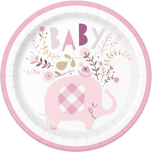 Floral Elephants Pink Large Paper Plates 23cm (9") 8pk Baby Shower - NextParty