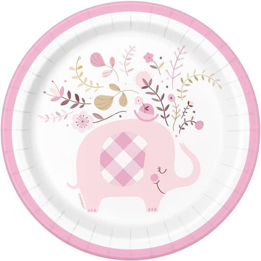 Floral Elephants Pink Small Paper Plates 18cm (7") 8pk Baby Shower - NextParty