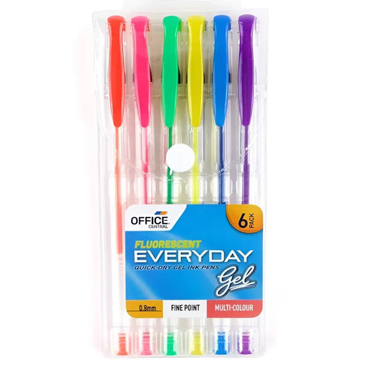 Gel Pens 0.8mm 6pk Assorted Fluro Ink Colours - NextParty