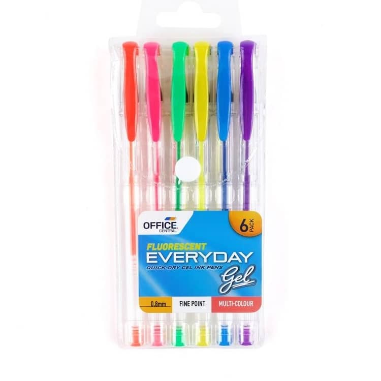 Gel Pens 0.8mm 6pk Assorted Fluro Ink Colours - NextParty