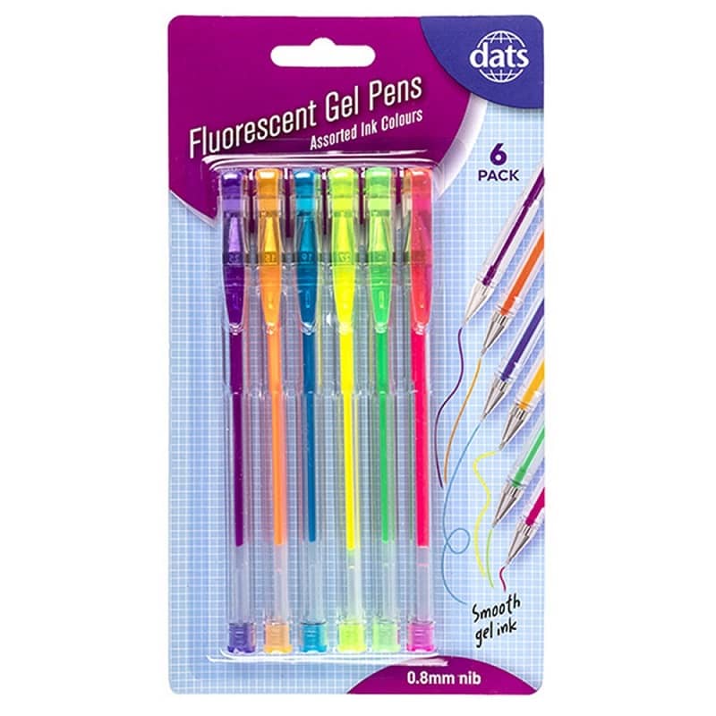 Gel Pens 0.8mm 6pk Mixed Fluro Ink Colours - NextParty