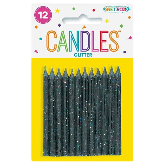 Glitter Black Birthday Candles 12pk - NextParty